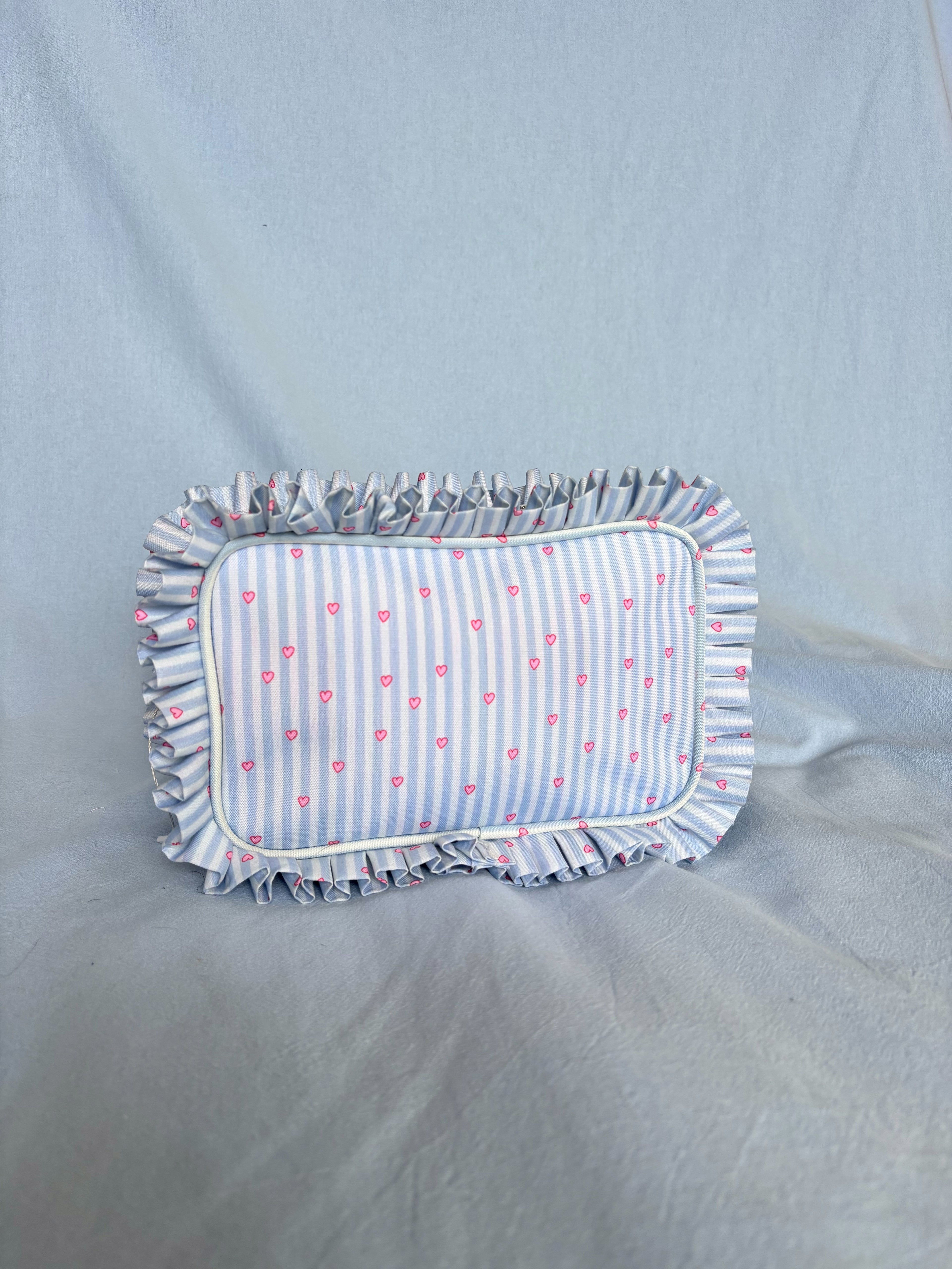 Ruffle Makeup Bag | Coquette Cosmetic Pouch | Blue Stripe Pink Heart Bag | Cotton Toiletry Case | Cute Gift for Her