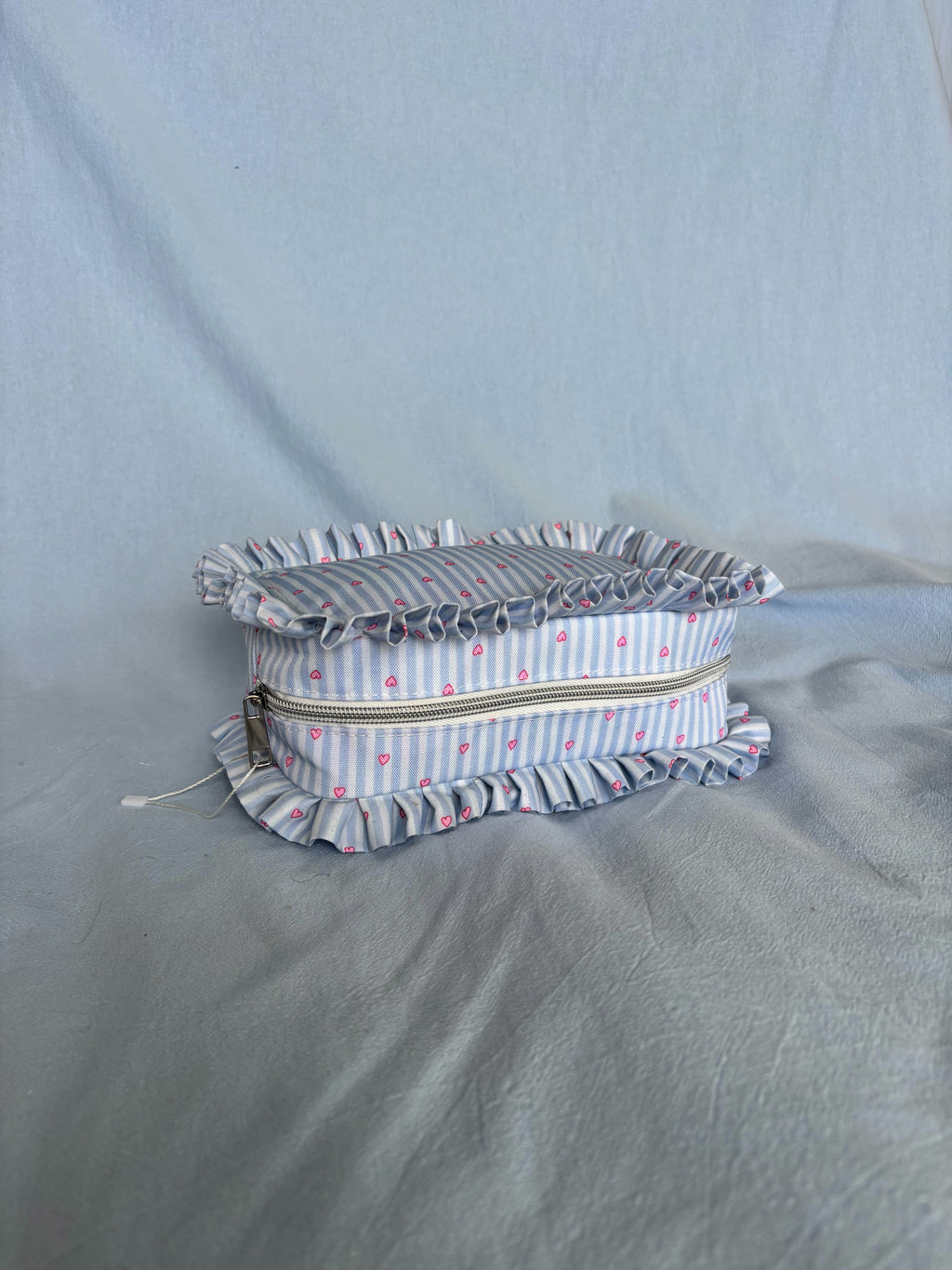 Ruffle Makeup Bag | Coquette Cosmetic Pouch | Blue Stripe Pink Heart Bag | Cotton Toiletry Case | Cute Gift for Her