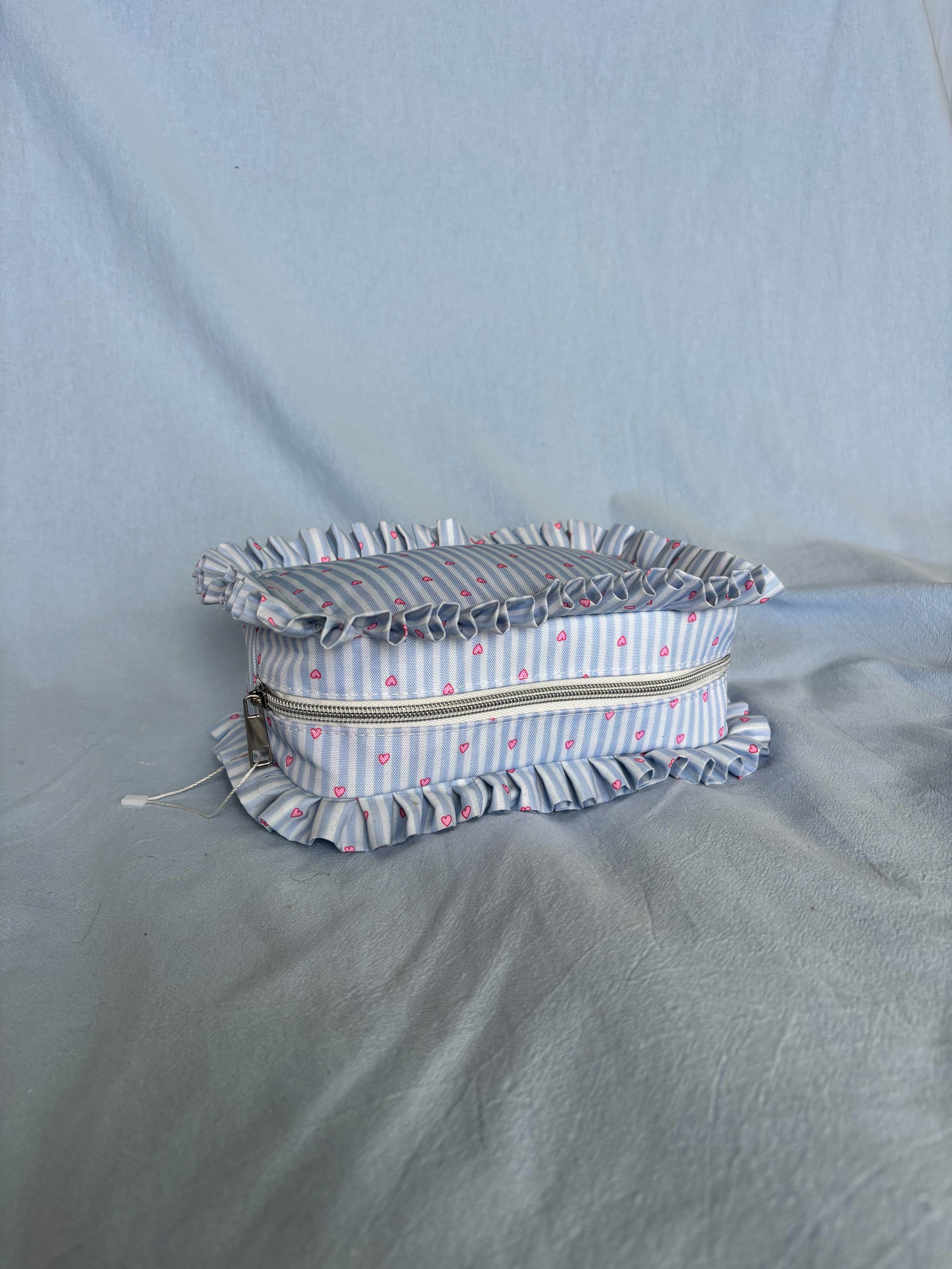 Ruffle Makeup Bag | Coquette Cosmetic Pouch | Blue Stripe Pink Heart Bag | Cotton Toiletry Case | Cute Gift for Her