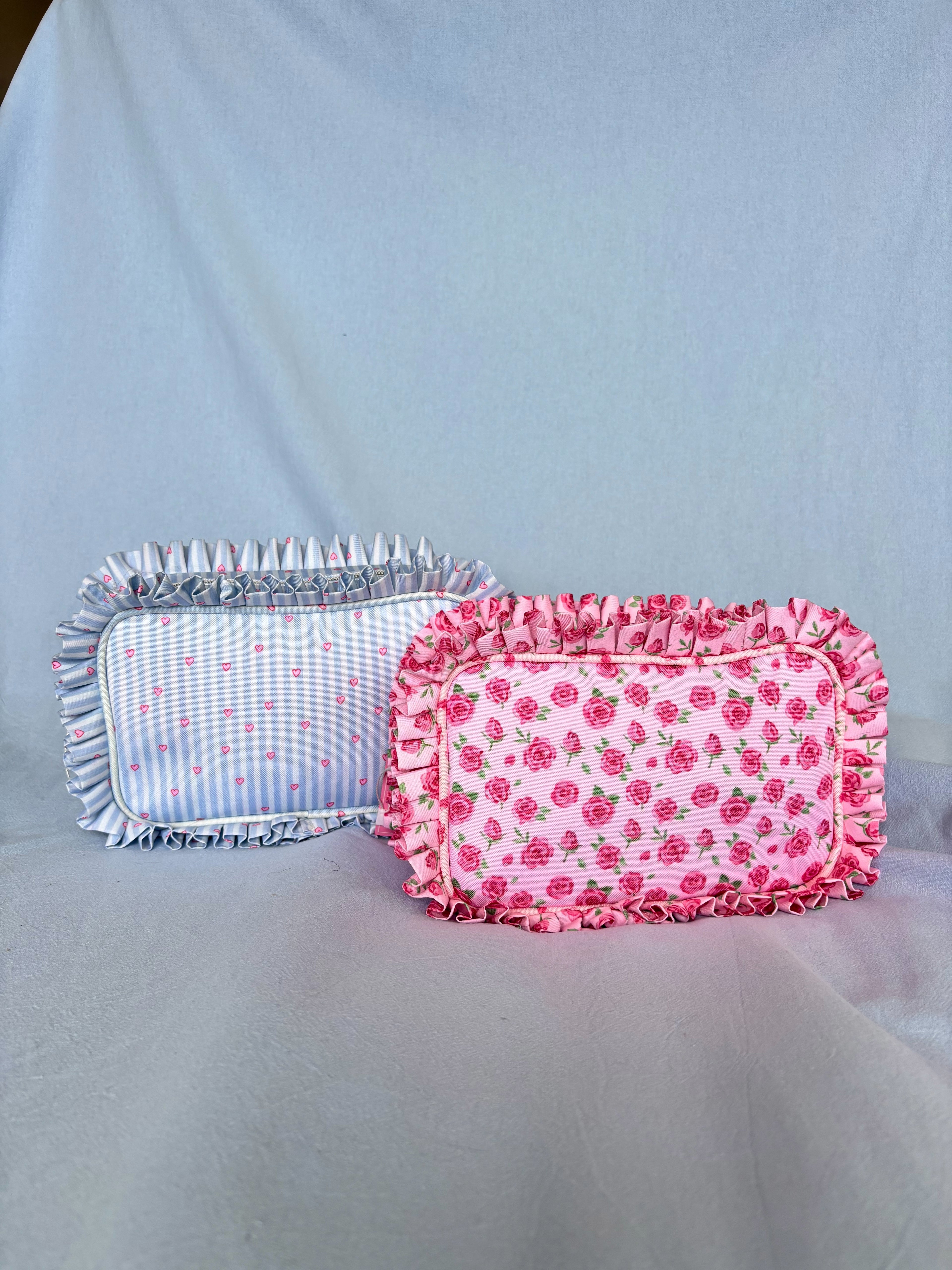 Ruffle Makeup Bag | Coquette Cosmetic Pouch | Blue Stripe Pink Heart Bag | Cotton Toiletry Case | Cute Gift for Her