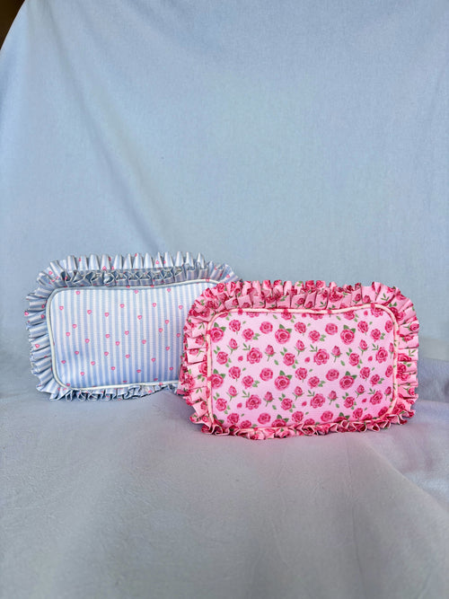 Ruffle Makeup Bag | Coquette Cosmetic Pouch | Blue Stripe Pink Heart Bag | Cotton Toiletry Case | Cute Gift for Her