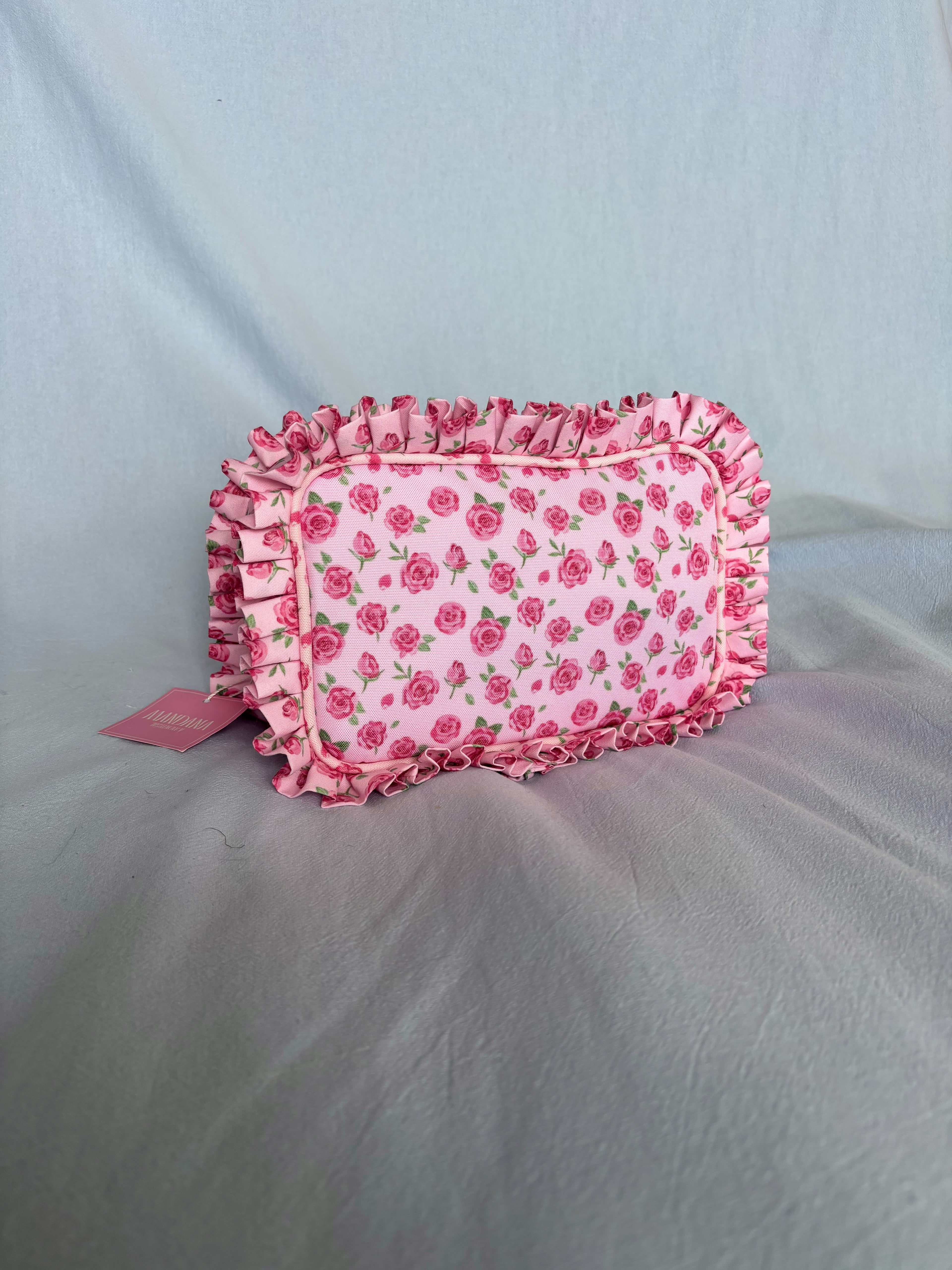 Ruffle Makeup Bag | Pink Rose Floral Cosmetic Pouch | Cottagecore Toiletry Case | Cute Gift for Her