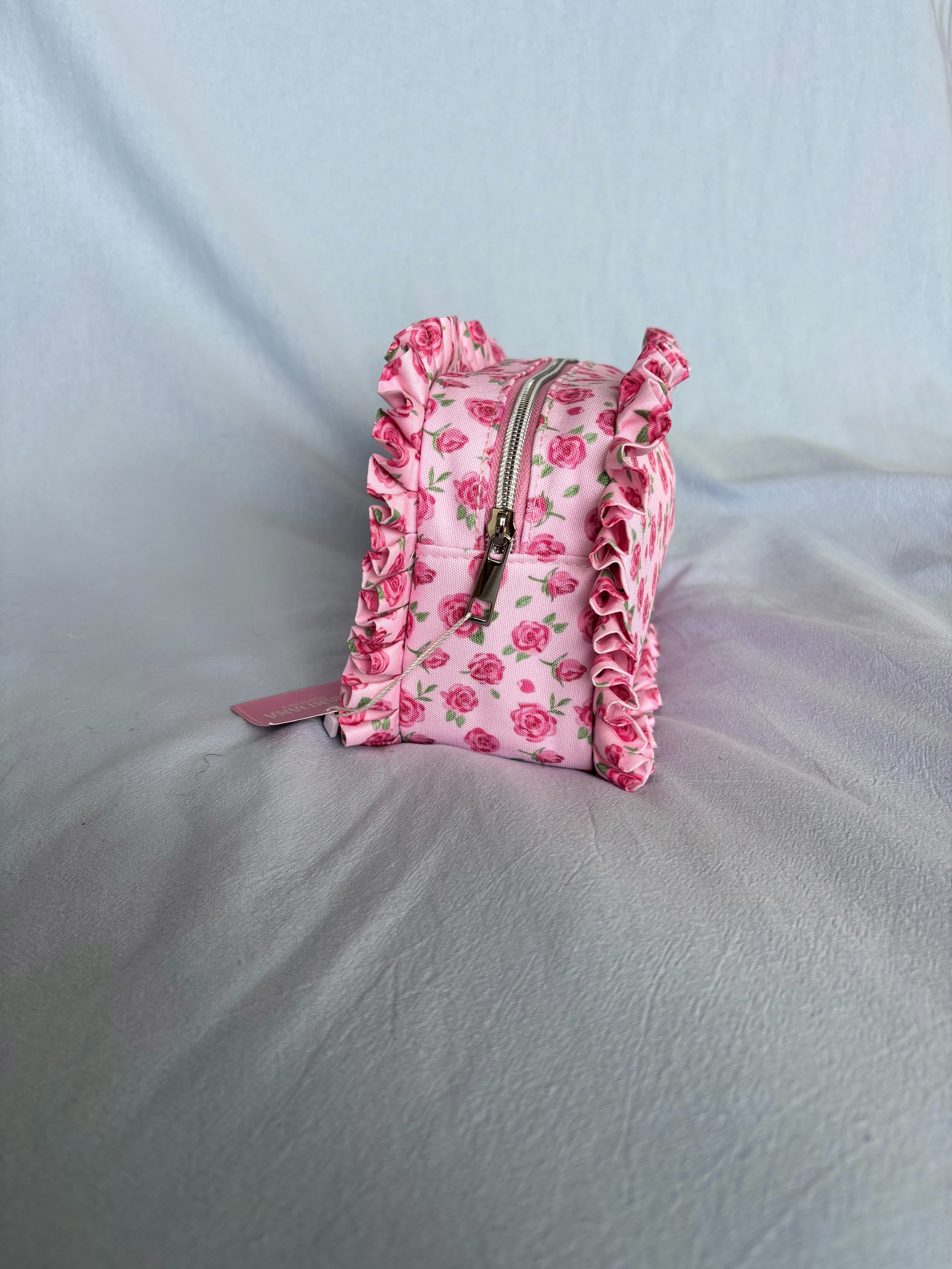 Ruffle Makeup Bag | Pink Rose Floral Cosmetic Pouch | Cottagecore Toiletry Case | Cute Gift for Her