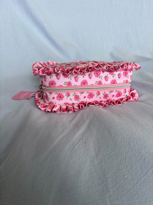 Ruffle Makeup Bag | Pink Rose Floral Cosmetic Pouch | Cottagecore Toiletry Case | Cute Gift for Her